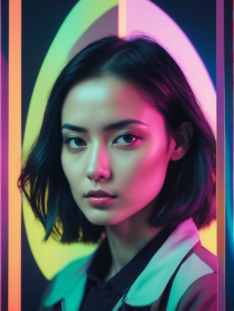 Shifting spectra, mixed multimedia portrait photography in retro-glitch art style, distorted graphics, spectacular neon lighting, additional contrast, cinematic risograph on three panels