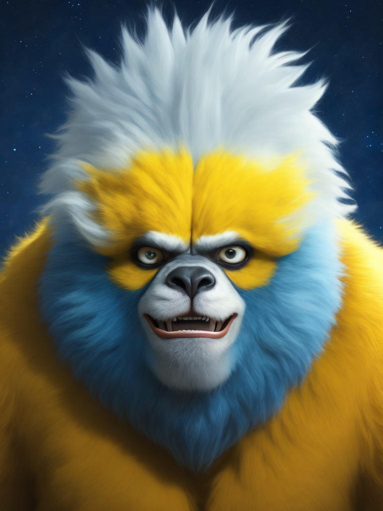 photorealistic portrait of Yeti, bright yellow fur, kind facial expression, bright blue background