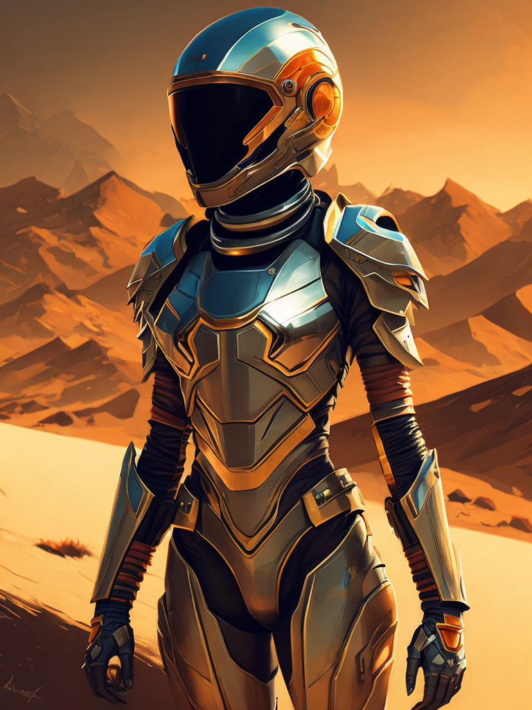 Cyber girl wearing gold chrome helmet, shining reflections, walking in the desert, photorealistic, hyper-detailed, dune atmosphere