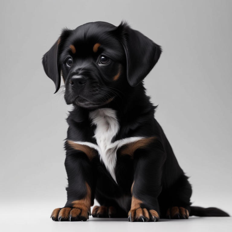 2d vector character, cute puppy sitting on the white floor, flat vector graphics, white background, black lines, high quality details, perfect line art, strong outline, vector sticker, isolated clipart