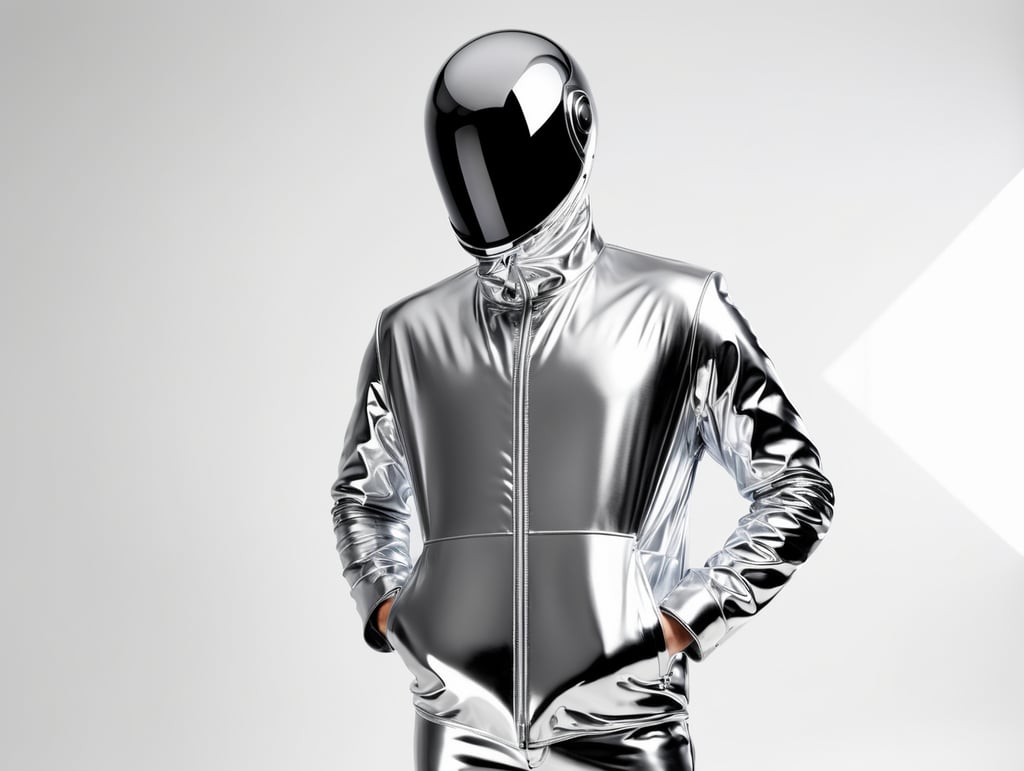 A realistic photo of a chrome shiny jacket on a invisible mannequin, coverall with reflective material, isolated, white background