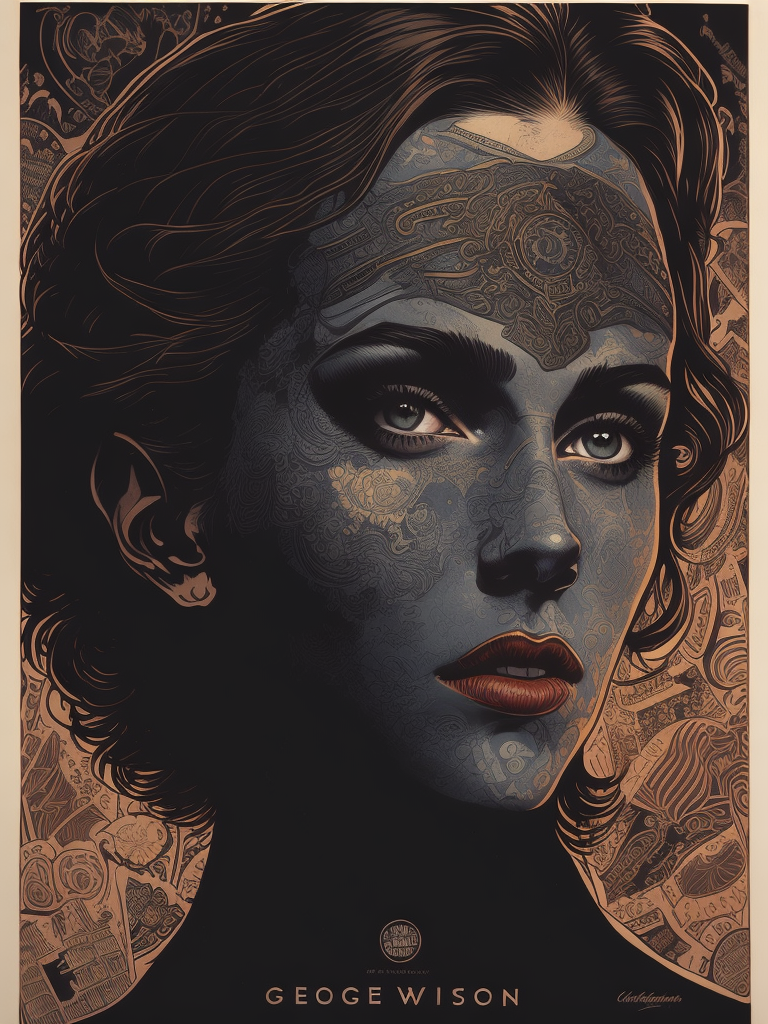 This artwork of a girl by George Wilson is an eye-catching poster-style drawing and illustration representing the iconic pulp style.