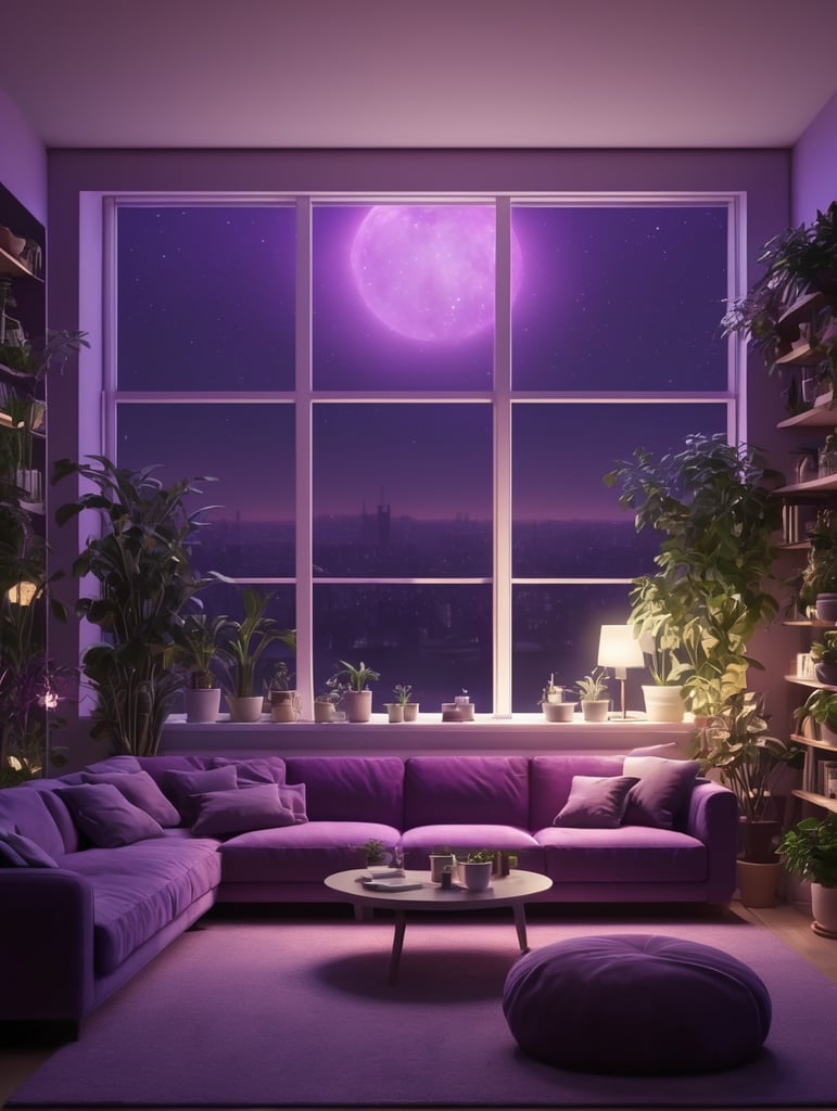 Purple ambient living room. Big window front of living room at nighz. Purple night sky shinig onto bookshelf, sofa and plenty of plants. 8k, highly detailed.