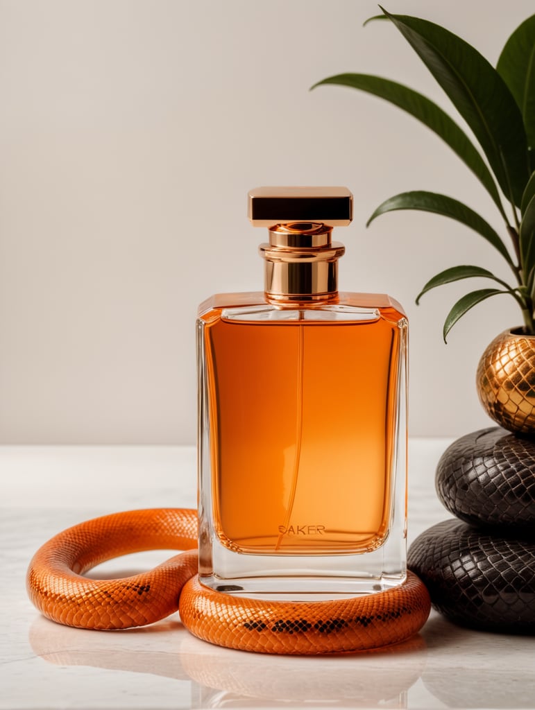 Minimalist orange perfume bottle, snake next to bottle