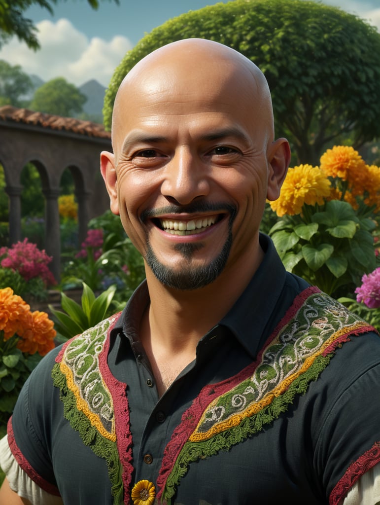 Bald Mexican man, smiling, garden background