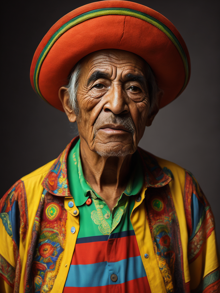 Portrait of a wrinkled colorful Mexican in a sambrero, an elderly man, a multi-colored shirt, a criminal, an evil face