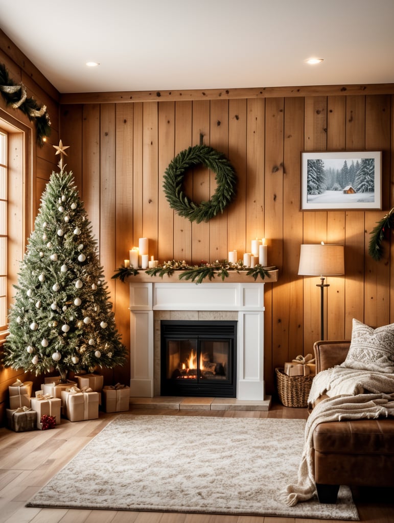 vertical picture wall mockup, natural christmas, cozy log cabin, neutral colors, prints under tree wrapped in white paper