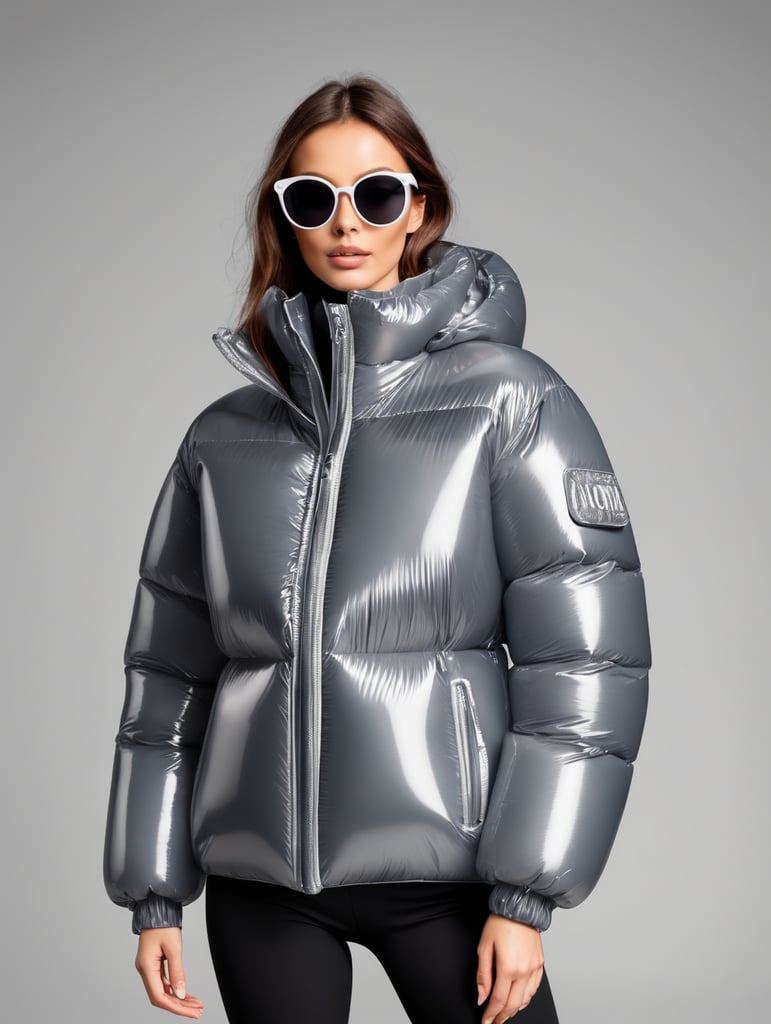 Inflatable white minimalist women's puffer jacket, wearing sunglasses, transparent, isolated, grey background, mockup