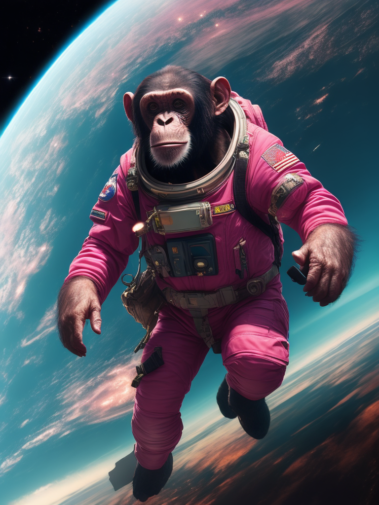 A chimpanzee going to space, wearing pink color astronaut suit, Vivid saturated colors, Contrast light, studio photo, professional photo, Detailed image, detailed face