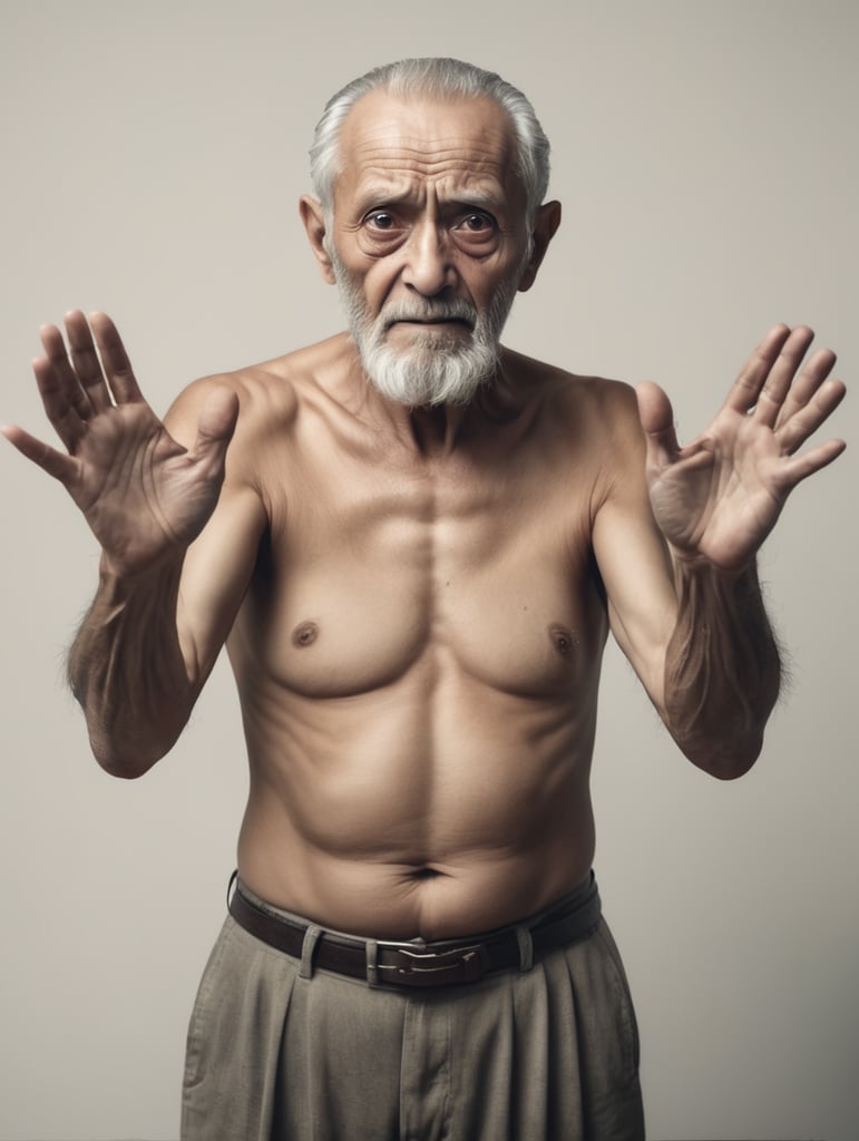 Creepy old man with no shirt reaching his hands palms out to foreground