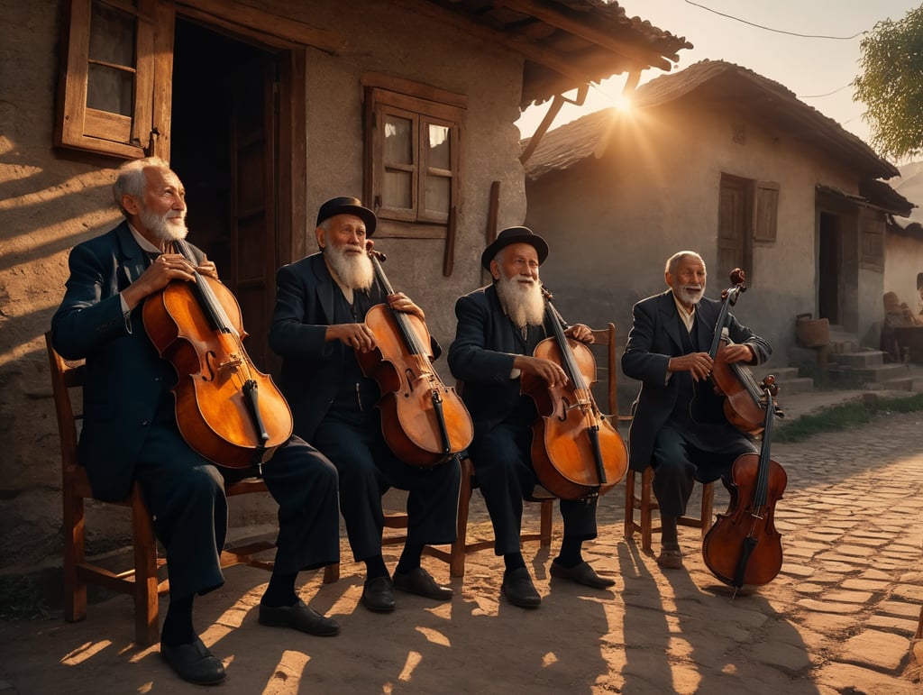 A Nostalgic Evening in the Shtetl, Late afternoon transitioning into early evening, Shtetl in Eastern Europe, Clear sky with a warm, golden sunset, Old Man playing a cello with deep emotion, Traditional Jewish attire including a kippah, Sitting on a wooden chair outside his home, Men dancing with fervor and playing instruments like violin, accordion, clarinet, Simple rustic clothing, Forming a circle around the old man, Children playing and dancing, On the outskirts of the circle, some imitating the adults, Women watching the scene, some clapping or singing, Traditional dresses, Standing near the homes, some peeking out of windows, Wide-angle shot, Sharp focus on the old man, softer focus on surrounding activities, Natural lighting from setting sun, casting long shadows and illuminating faces, High resolution, Joyful yet nostalgic