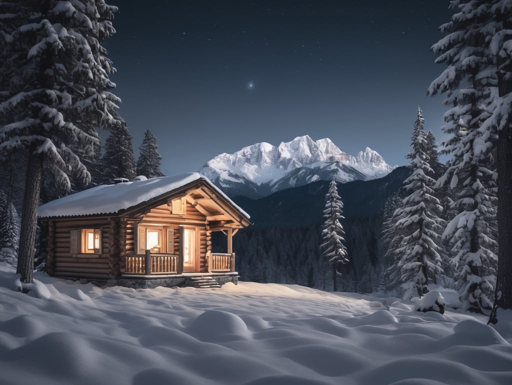 Small log cabin in the pine forest, snow covered pine trees, the Alps in the background at night