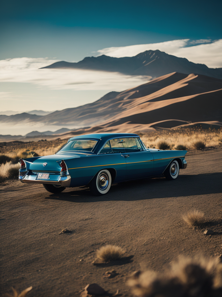 Blue cadillac eldorado 1959 in the desert, dunes on the background, Sunny day, Bright and rich colors, Detailed image