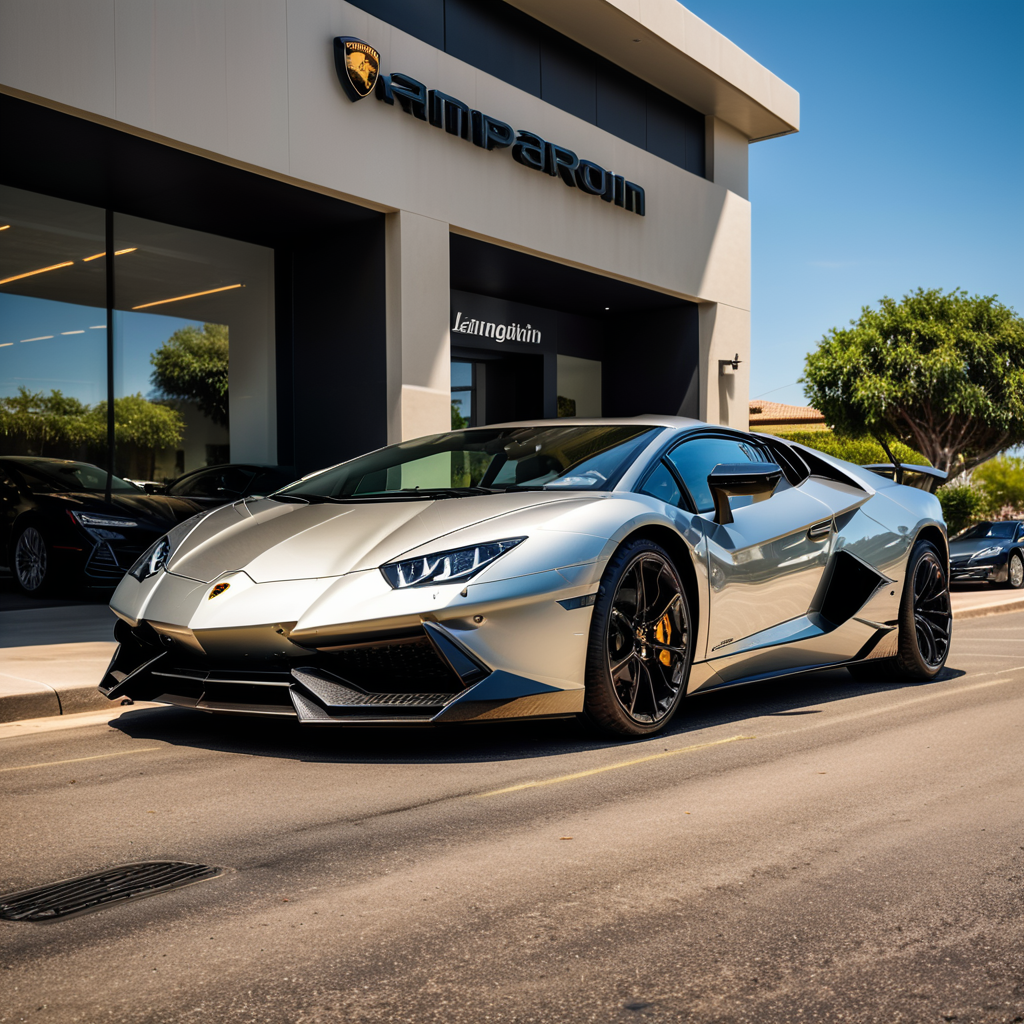 A beautiful lamborghini collorado standing out of the showroom, realistic sunlight, realistic day, photorealistic, 32k.