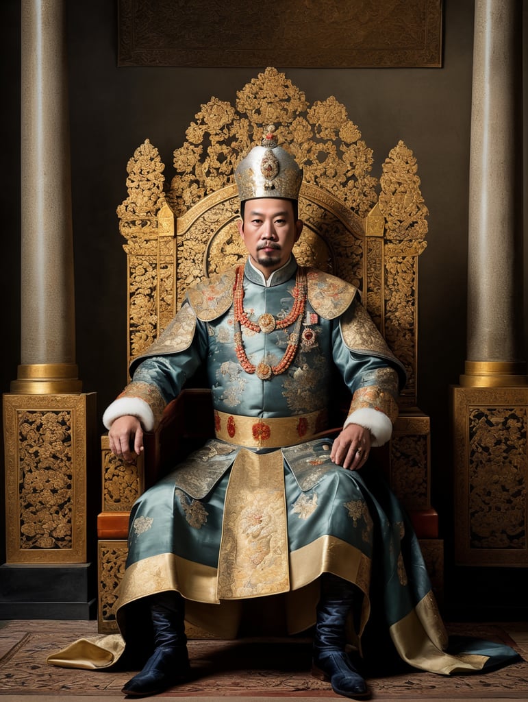 An 18th century painting of a vietnamese emperor sitting down, wearing european clothing and an asian imperial crown