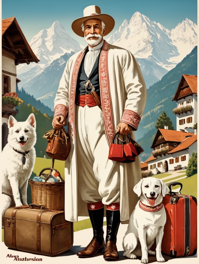 Retro poster of an old Austrian traveler with a white dog, dressed in traditional Austrian clothes, behind with things