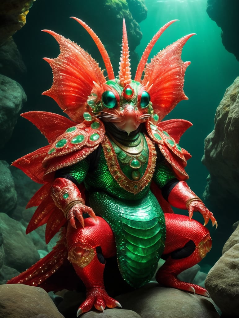 a colorful sea creature sitting on rocks, in the style of light red and light emerald, photographic source, sumatraism, elaborate costumes, bugcore, webcam photography, national geographic photo