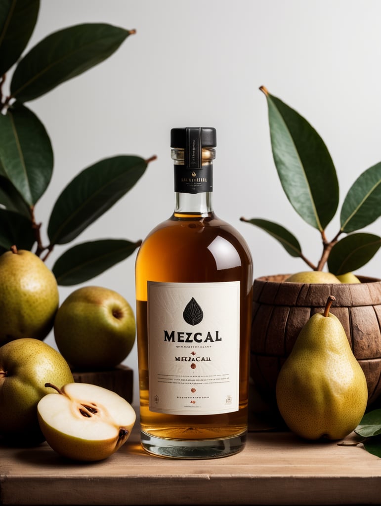 Packaging and branding for a mezcal brand as if it had been designed by HI ESTUDIO with In a set design with bricks, pears and dry leaves.