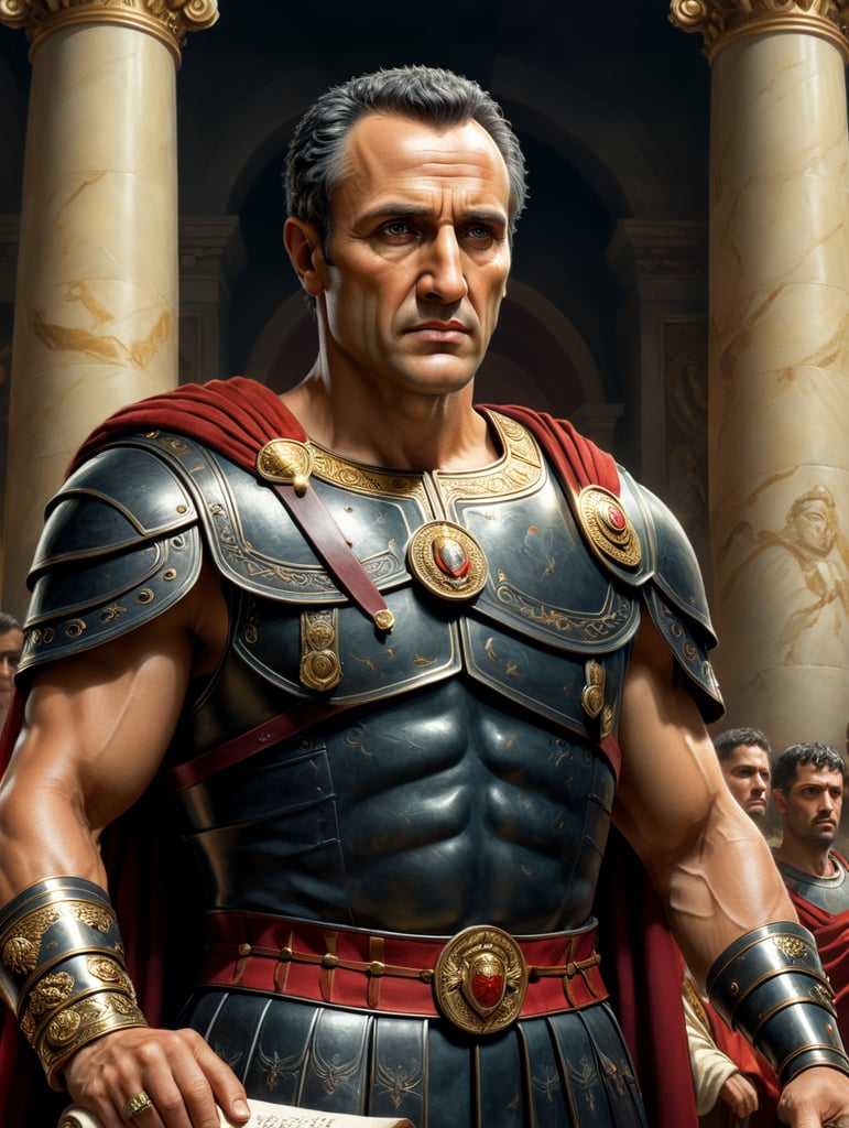 Create a digital portrait of Julius Caesar, the influential Roman statesman and military leader. Showcase his distinctive facial features, including a prominent nose and a clean-shaven, determined visage. Depict him with a Roman complexion and an air of authority. Dress him in traditional Roman attire, complete with a toga, a laurel wreath on his head, and a scroll or a tablet in his hand, symbolizing his statesmanship. Position him in a grand Roman setting, perhaps the Roman Senate or a scene from his military campaigns, to capture the essence of his historical significance.