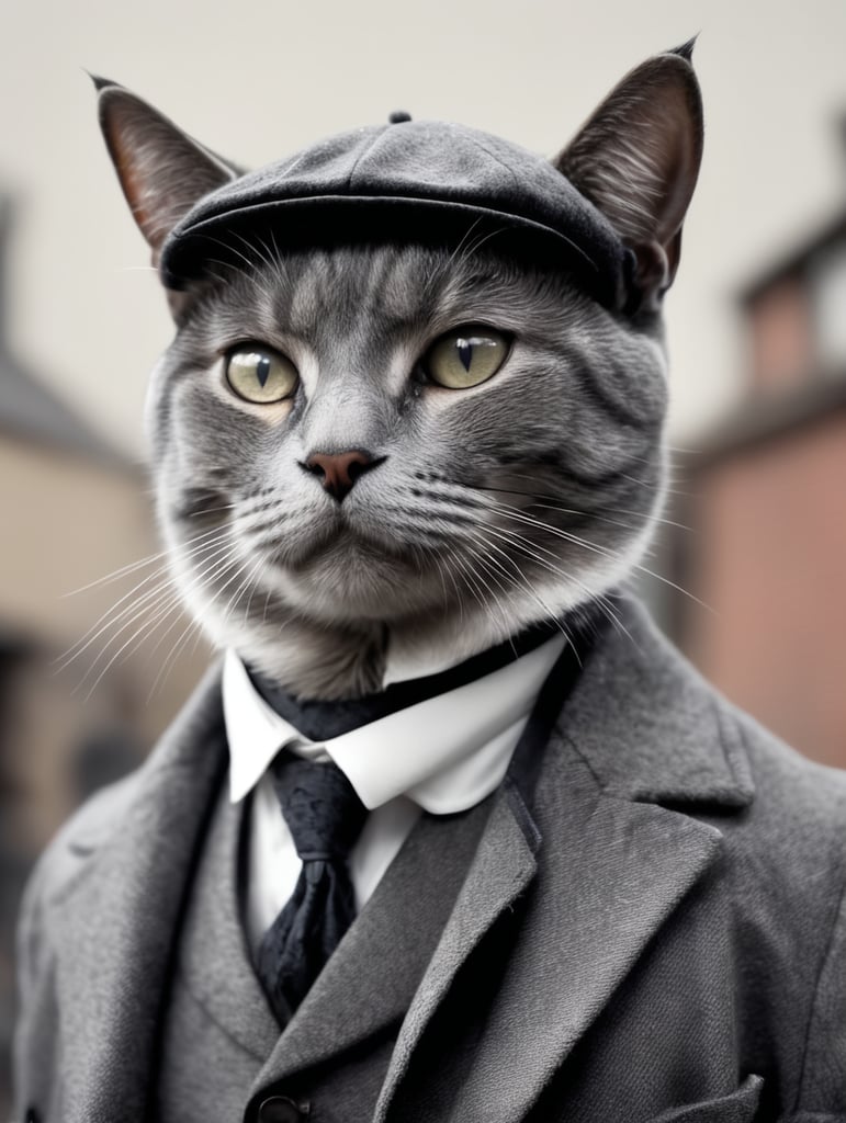 a grey cat looking as a peaky blinder