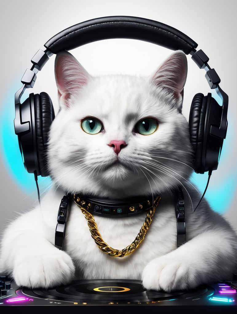 Black color cat DJ playing DJ set, wearing music headphones and gold chain, hall full of people having fun in the background, ultra realism, super detailed, neon colors
