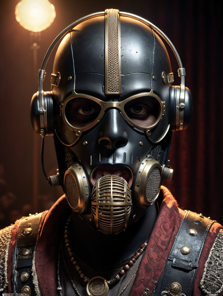 crea un personaje con mascara de microfono vintage y ropa de la banda nirvana