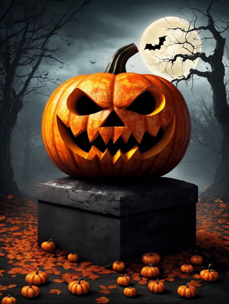 Halloween pumpkin photorealistic illustration, scary, dark