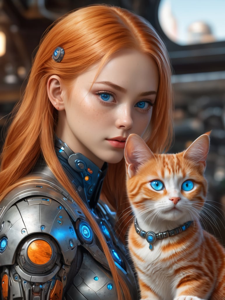 official art,unity 8k wallpaper, ultra detailed, beautiful and aesthetic, masterpiece, best quality, 1girl, orange hair, skin pores, wrinkles, eyelashes, long hair, blue eyes, extremely detailed, highest detailed, adstech, colorful symbols,hologram, scifi, Tsundere, holding_cat, sitting, (intricate details:0.9), (hdr, hyperdetailed:1.2)