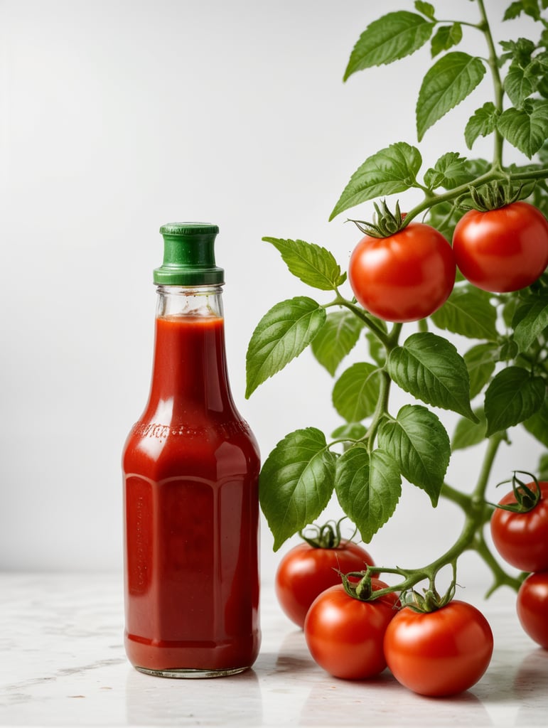 tomato ketchup bottle, red tomato with green leaves, isolated, white background