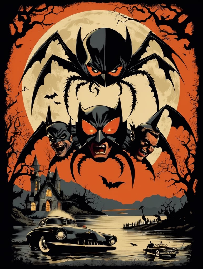 1950's b-movie horror halloween t-shirt print design featuring a batman and robin