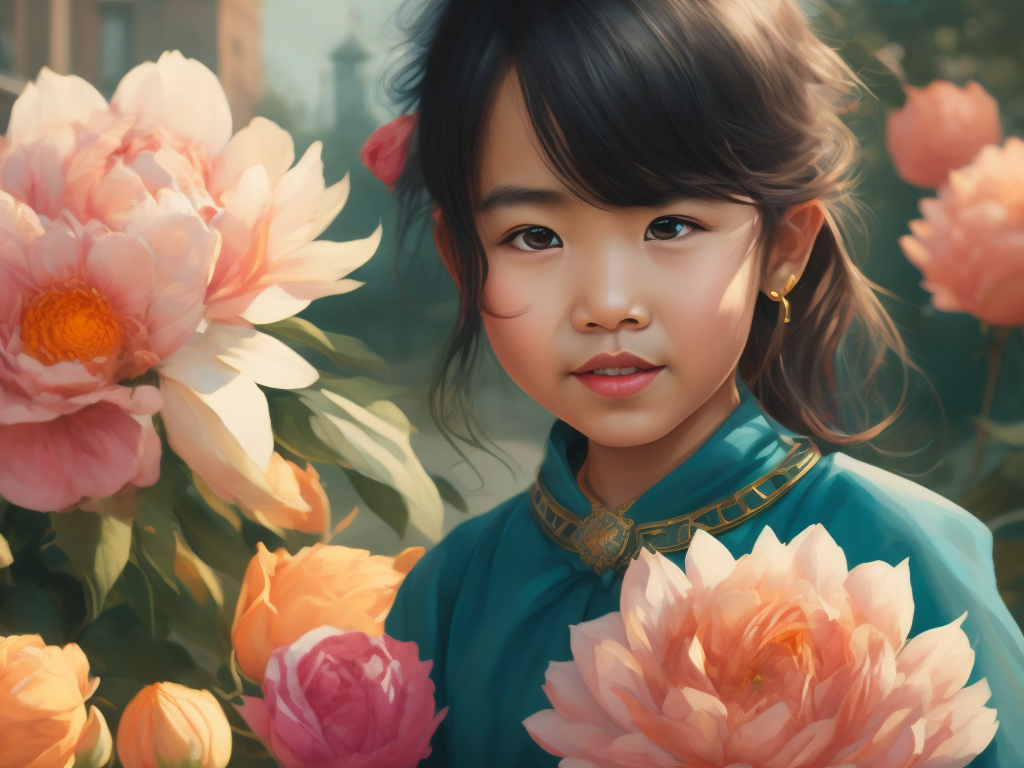 asian happy little girl in a victorian dress, selling flowers in 1930s Paris, street is visible, peonies, roses, lilies, soft pink and pastel cyan colours, cinematic style, hand coloured vintage photograph, sunny day, high resolution, sharp image