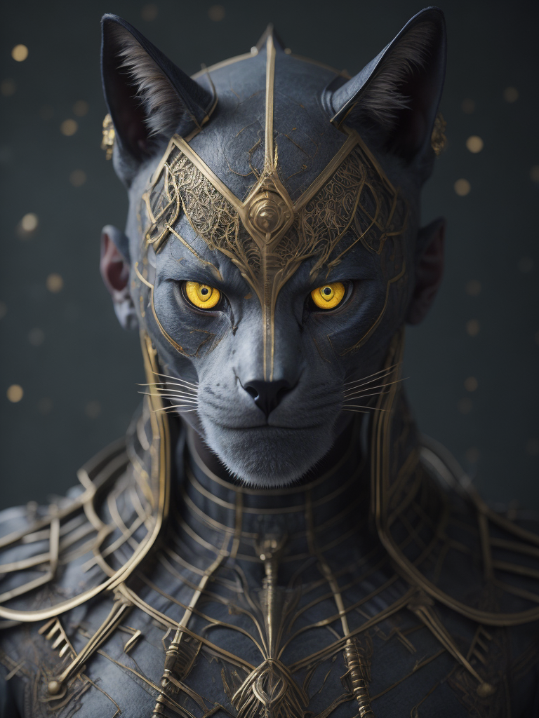 [anthropomorphism cat man in full growth], full body,in full growth, glowing eyes, looking at viewer, dark fantasy demon, gothic cyber, horror egyptian mythology, mysterious golden metal wires, fractional shiny crystals, cult ritual, (masterpiece:1.2) :: (best quality:1.2) :: (intricate) :: (wallpaper), global illumination, ray tracing,