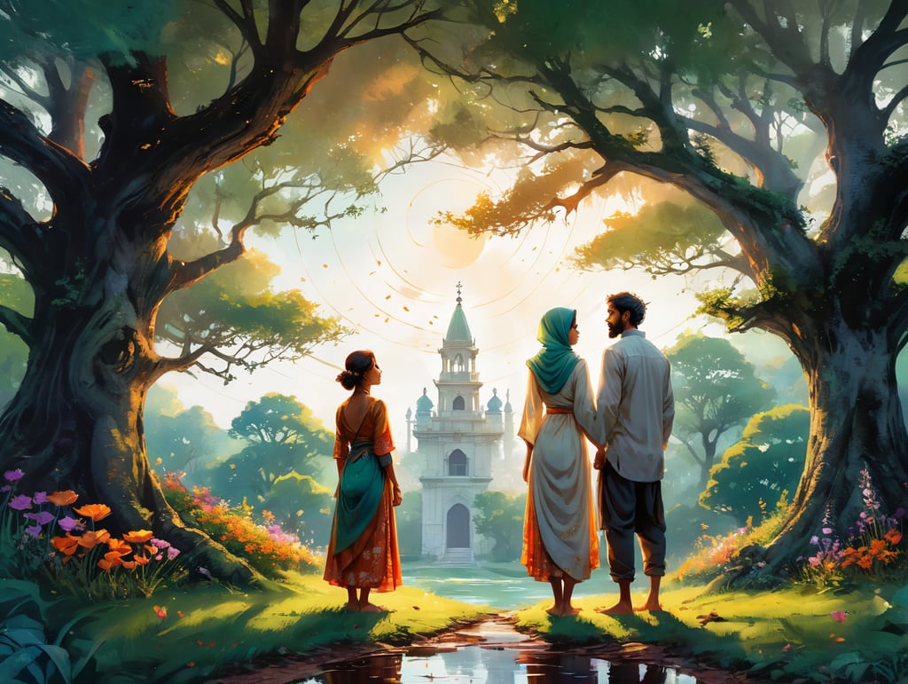 In a serene, sunlit garden, muslim couple stand beneath a towering oak tree. They face each other, holding hands, their eyes filled with deep affection. Around them, vibrant flowers and lush greenery symbolize growth and life. On the ground, an open Bible rests, its pages gently rustling in the breeze. This one frame scene encapsulates a love story rooted in faith, where love and spirituality intertwine, giving strength and depth to their connection.