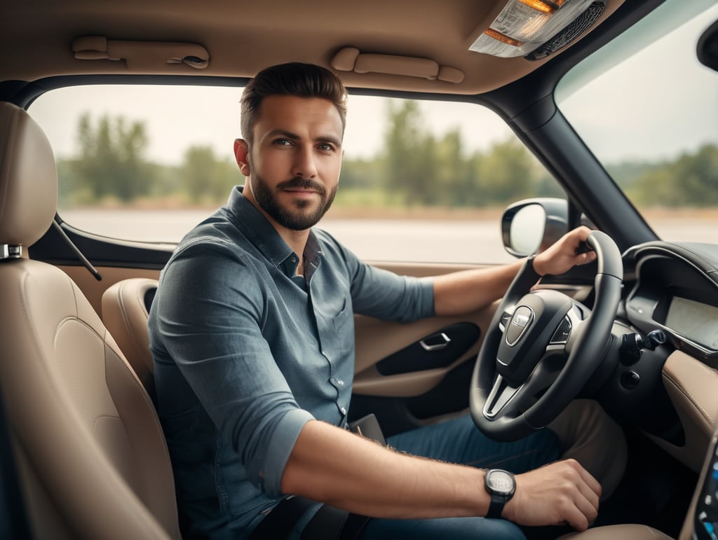 guy driving electric car, hands on wheel, looking straight at camera, room for copy