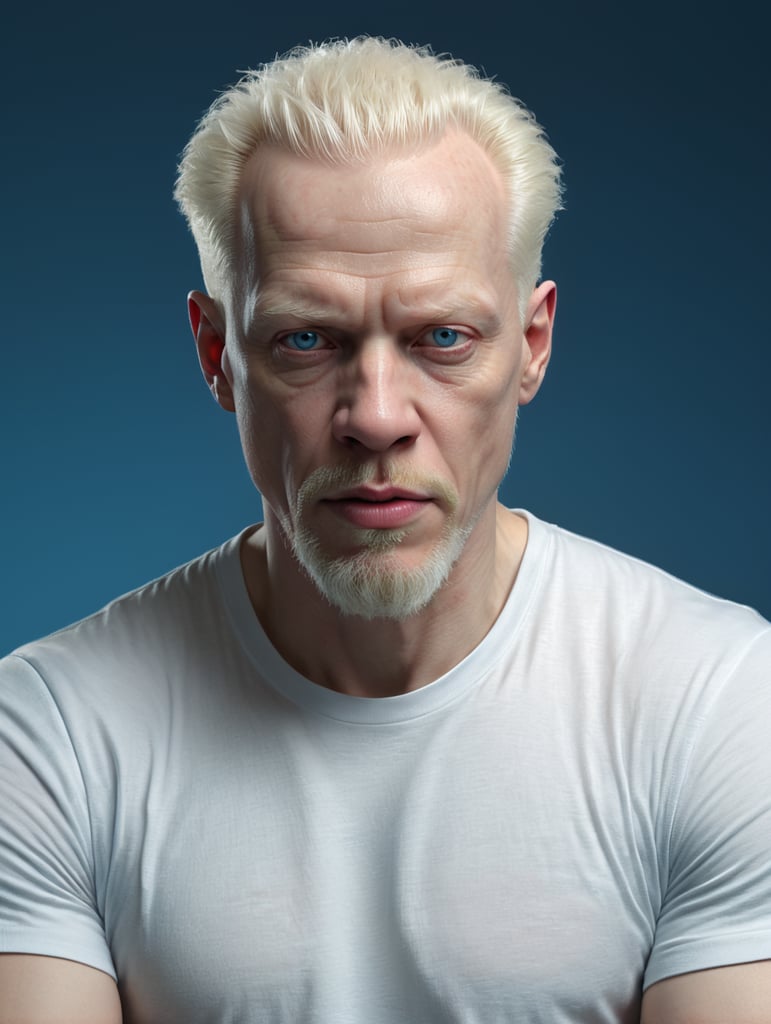 A middle-aged albino man wearing a white T-shirt, isolated, blue background, mockup, mock up