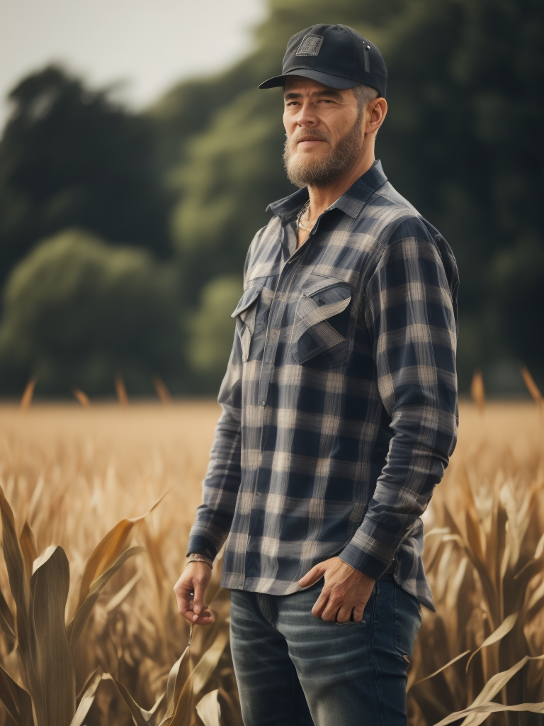Portrait of a farmer in front of a field with corn, a plaid shirt, denim pants with straps, a hat, Depth of field, Incredibly high detailed