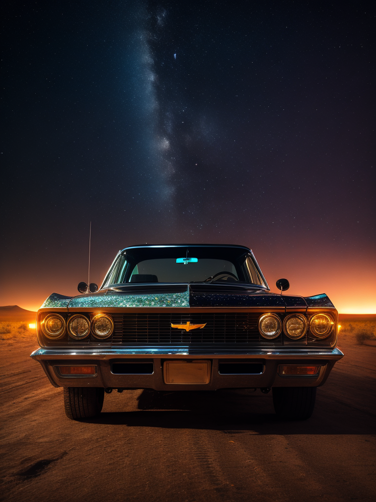 Chevrolet El Camino car desert night photography neon interior lighting photorealistic high definition cinematic photography starry sky background vintage car night time beauty desert drive