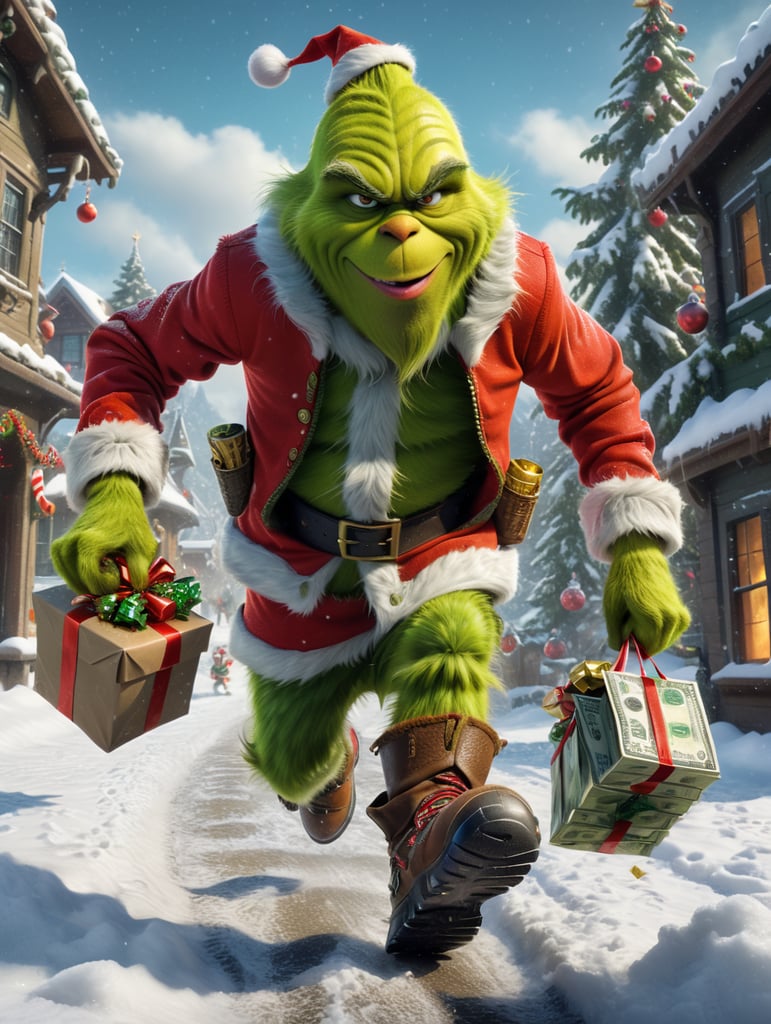 Grinch character running with money and Christmas gifts in snow boots