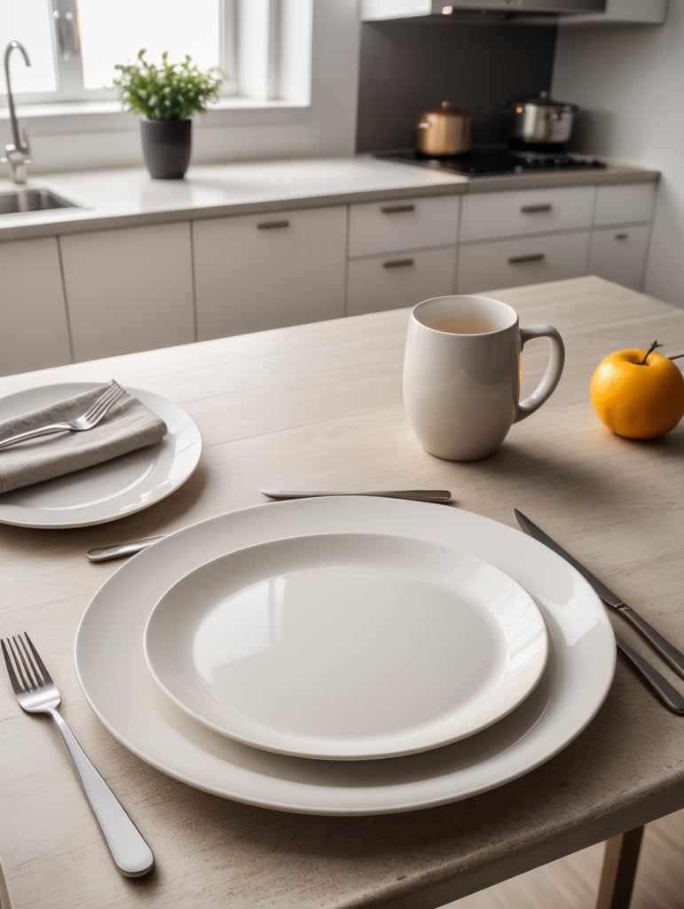 modern kitchen table, empty plate, mockup