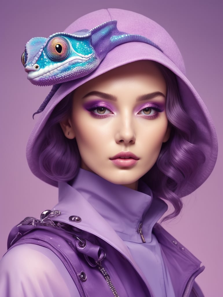 Purple chameleon in the style of clear neo-pop illustrations in stylish clothes, mysterious characters, bright close-up