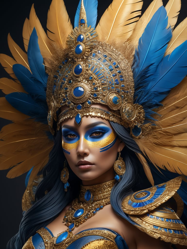 A tan skin mayan queen all blue and gold elaborate outfit, with huge headpiece center piece, blue gold makeup with oversized headdress with long bird feathers, with depth of field, fantastical edgy and regal themed outfit, captured in vivid colors, embodying the essence of fantasy, minimalist.