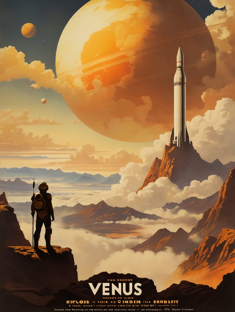 Ein Vintage-Reiseplakat für Venus im Hochformat. Die Szene zeigt die dicken, gelblichen Wolken der Venus mit der Silhouette eines sich nähernden alten Raketenschiffs. Geheimnisvolle Formen deuten auf Berge und Täler unter den Wolken hin. Der untere Text lautet: „Explore Venus: Beauty Behind the Mist“. Das Farbschema besteht aus Gold-, Gelb- und sanften Orangetönen und erweckt ein Gefühl des Staunens.