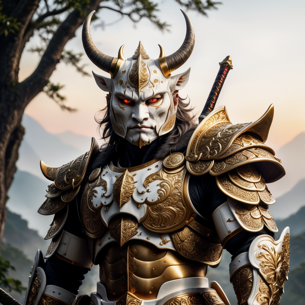 A Human with thick ram horns on his head in Celestial Guard white Samurai armor with a Katana