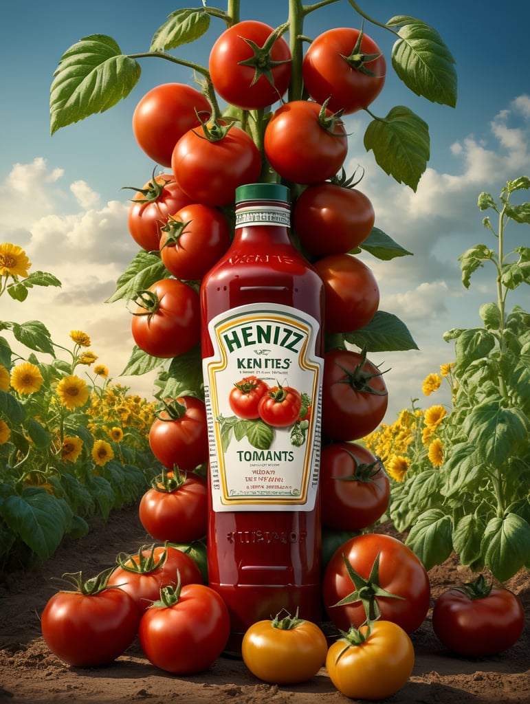 several red tomatoes stacked together forming a Heinz ketchup bottle with some leaves around it, beautiful tomato plantation in the background and a blue sky, short grass and yellow flower + yellow flowers + creamy light + ambient lighting + very beautiful colors