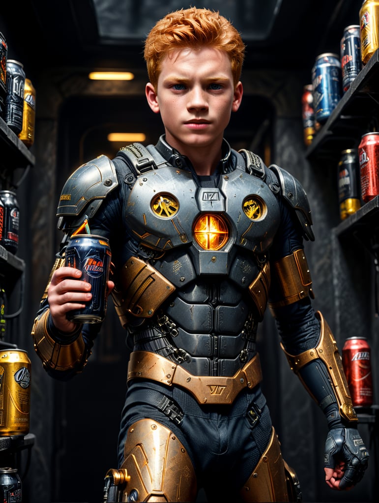 Ginger boy with metal braces and energy drink, full body, original art