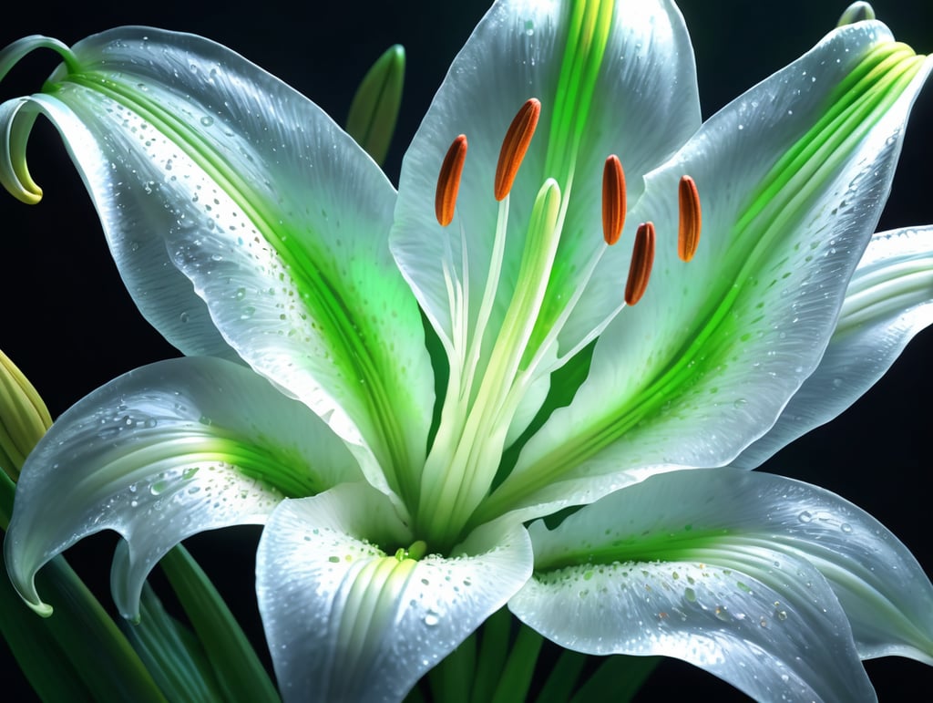 bioluminescent white flower Lily, hyper detailed rendering, 4k, magic light, neon watercolours