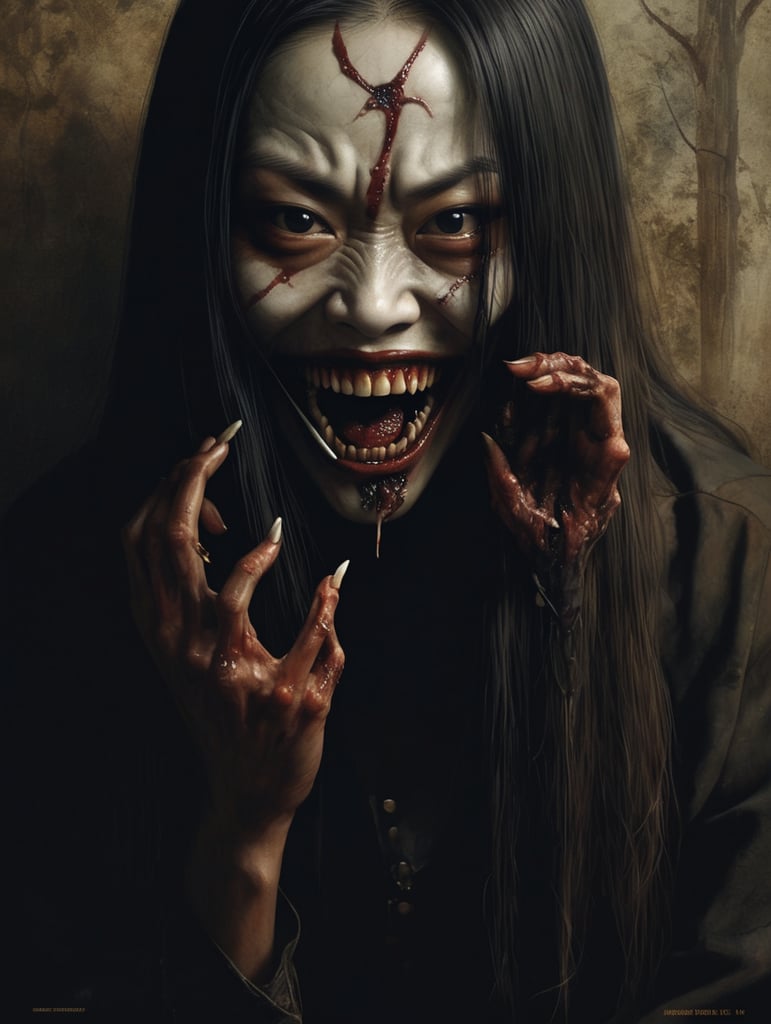 Kuchisake-onna smiling with Slit-Mouthed and razor sharp teeth Ying and yang in the background Rotting flesh ,hored of flesh horror, ironic, creepy, scary caricature, satire, hyperdetailed illustration by Brian Bolland and iconic, hyperdetailed, digital illustration by Derek Riggs, (iconic, hyperdetailed, haunting digital illustration by Zdzisław Beksiński and Peter Gric. ) and artist Vincent Locke