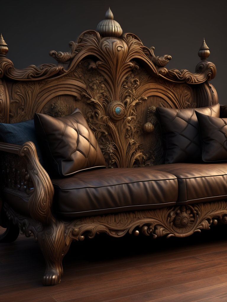 a wooden sofa carved from the dark wood, detailed, deep carving, handcrafted
