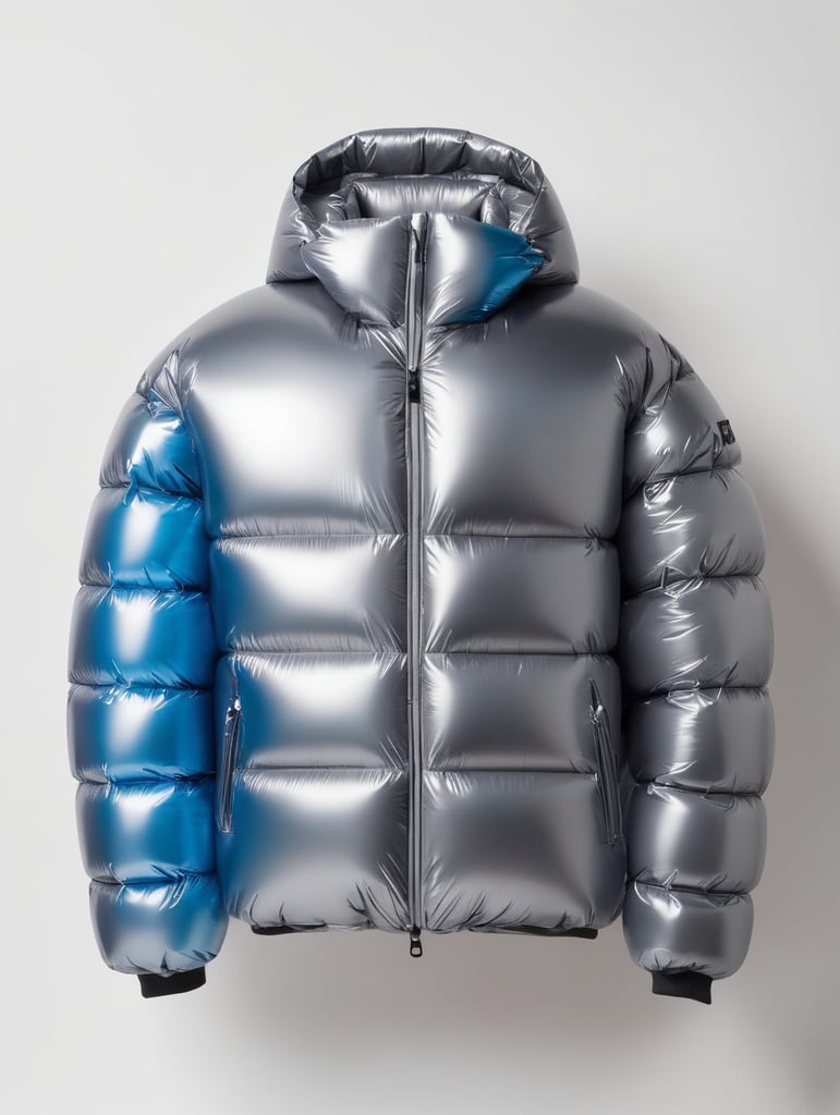 Inflatable chrome minimalist man's puffer jacket, transparent, isolated, grey background, mockup