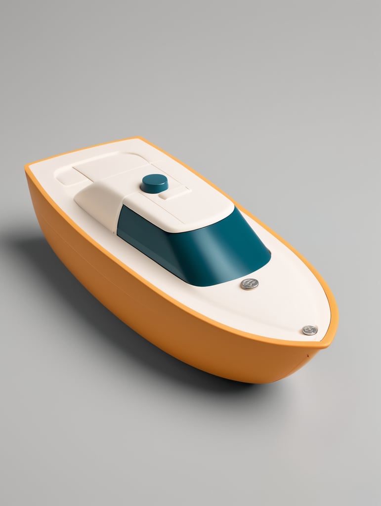 Bath toy speedboat designed by Dieter Rams. Ultra minimalist industrial design. Oak and injection molded plastic. Full object in view. Wide hull. Chibi style